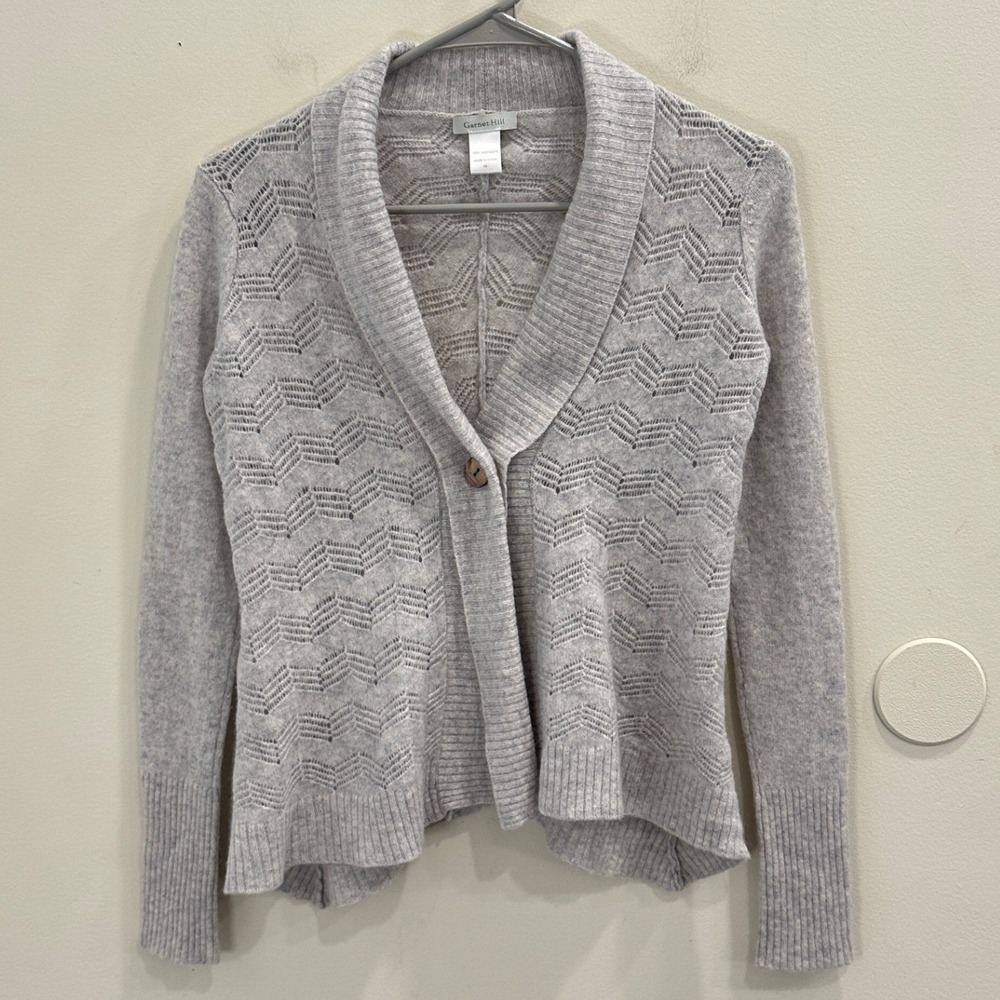Garnet Hill Cashmere Shawl Collar Pointelle Chevron Open Knit Cardigan Gray XS